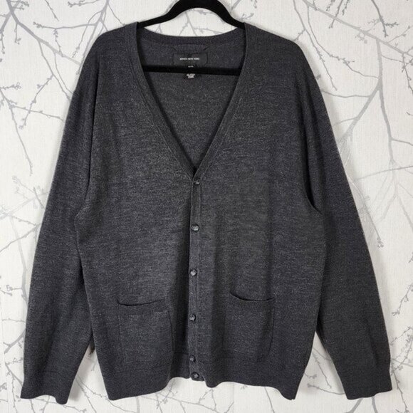 Jones New York Gray 100% Merino Wool V-Neck Elbow Patch Cardigan - Picture 1 of 6